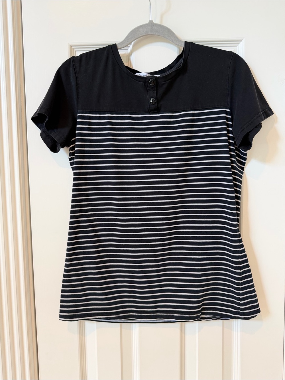 Women's Hawiton Black & White Striped Short-Sleeve Tee with Button Yoke